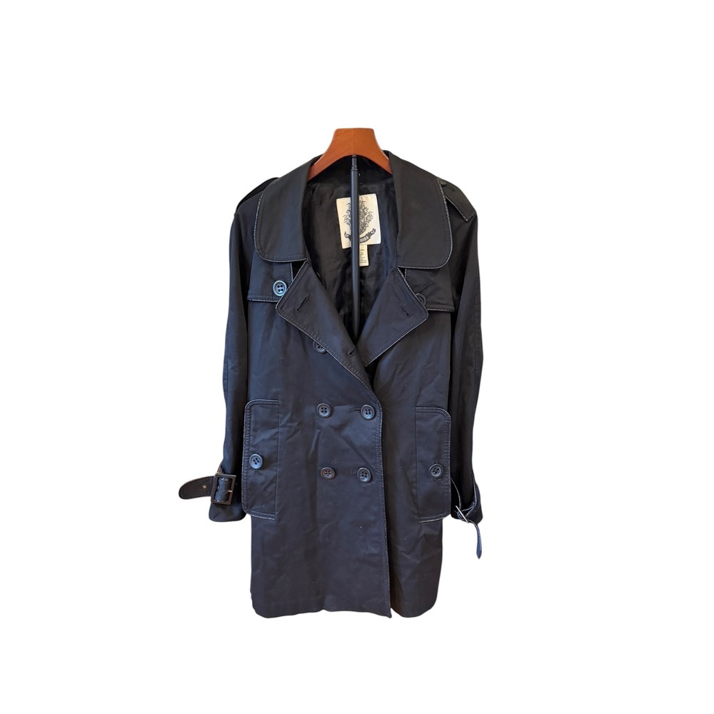 Vtg Y2K BB Dakota Womens Black Double Breasted Trench Coat Silver Trim Sz L Goth